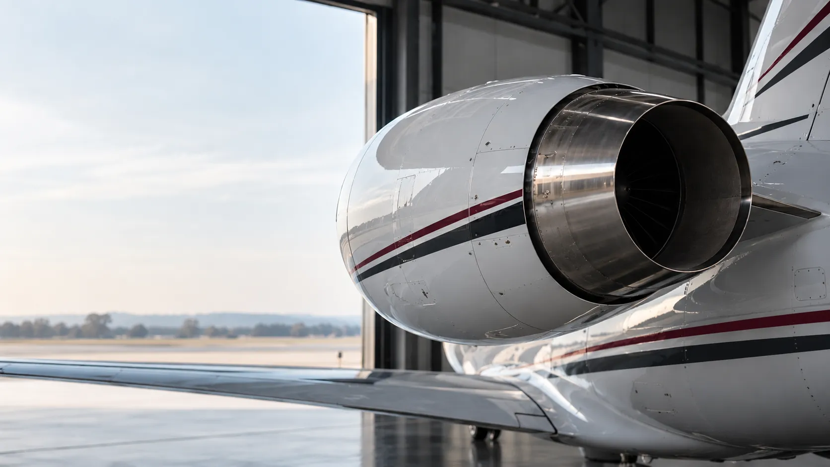 Private aircraft engine inside a hangar